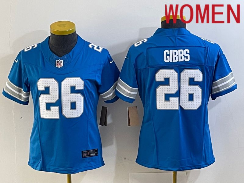 Women Detroit Lions #26 Gibbs Blue Three generations 2024 Nike Vapor F.U.S.E. Limited NFL Jersey